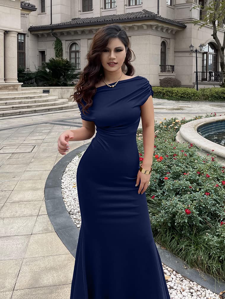 YMDUCH Women's Elegant Sleeveless Off Shoulder Bodycon Long Formal Party Evening Dress Navy - Image 3