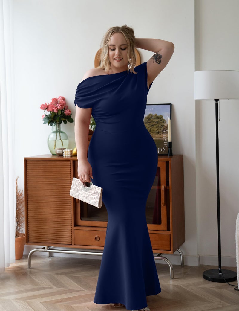 YMDUCH Women's Elegant Sleeveless Off Shoulder Bodycon Long Formal Party Evening Dress Navy - Image 4