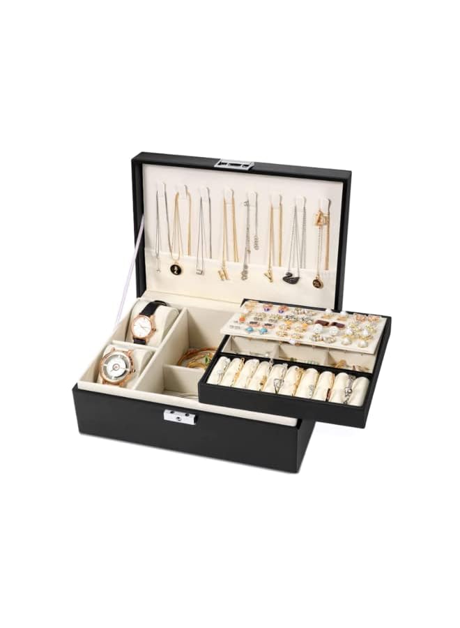 PROMASS Jewelry Box, Jewelry Box Organizer For Women Girls, Double Layer Jewelry Storage Case Display Earrings Bracelets Rings Necklaces, Pu Leather Large Jewelry Organizer Storage Case With Lock - Image 2