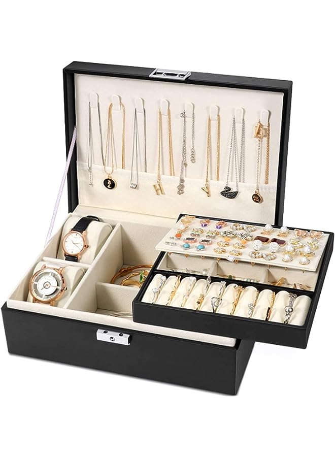 PROMASS Jewelry Box, Jewelry Box Organizer For Women Girls, Double Layer Jewelry Storage Case Display Earrings Bracelets Rings Necklaces, Pu Leather Large Jewelry Organizer Storage Case With Lock - Image 1