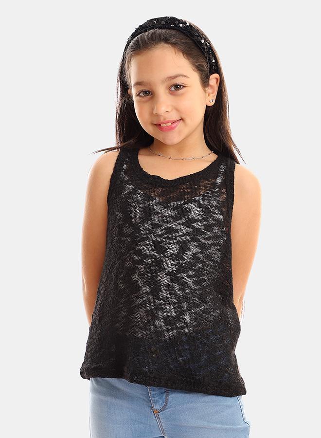 kady Girls Self Pattern Sleeveless Tank Top - Black - Image 1