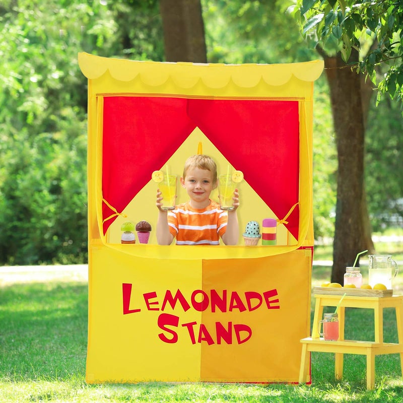 AlvantorÂ® Lemonade Stand Puppet Show Theater Pretend Playhouse Play Tent Kids on Stage Doorway Table Top Sets for Toddlers Curtain Fordable Rods Children Dramatic Furniture, 28"X20"X41"H, Yellow - Image 4