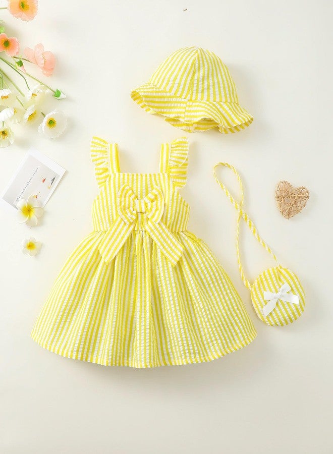 Renotemy Baby Girl Dresses 6-9 Months Infant Girls Ruffle Flutter Sleeve Big Bowknot Boho Yellow Sundress Gifts for Girls 9-12 Months Spring Summer Party Dress Clothes Outfits with Hat and Bag - Image 4