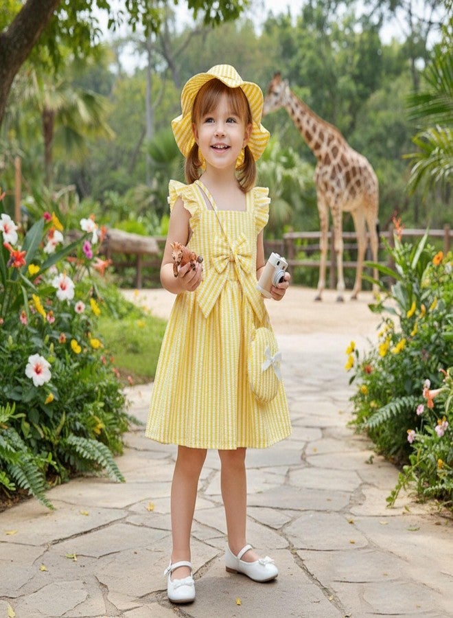 Renotemy Baby Girl Dresses 6-9 Months Infant Girls Ruffle Flutter Sleeve Big Bowknot Boho Yellow Sundress Gifts for Girls 9-12 Months Spring Summer Party Dress Clothes Outfits with Hat and Bag - Image 2