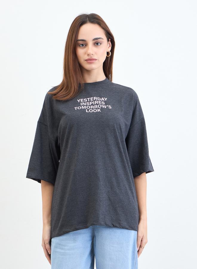 Styli Charcoal Slogan Print Oversized T-Shirt - Image 3
