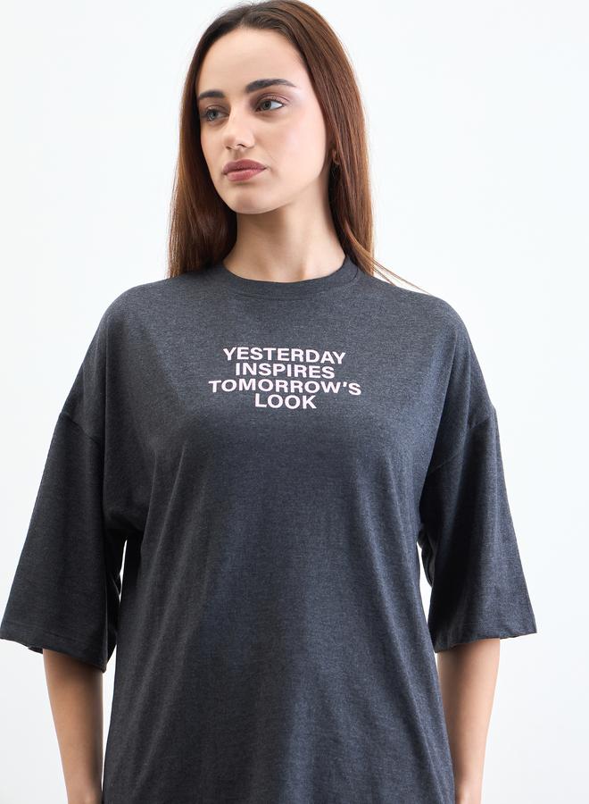 Styli Charcoal Slogan Print Oversized T-Shirt - Image 1
