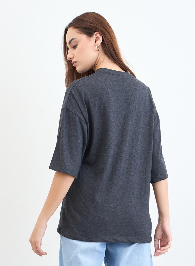 Styli Charcoal Slogan Print Oversized T-Shirt - Image 5