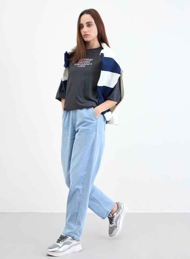 Styli Charcoal Slogan Print Oversized T-Shirt - Image 2