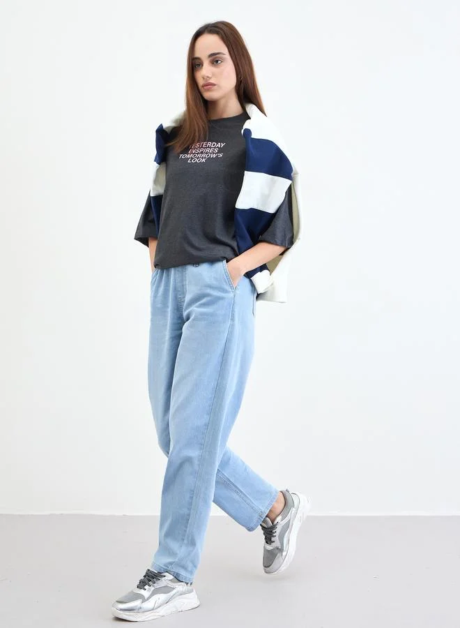 Styli Charcoal Slogan Print Oversized T-Shirt