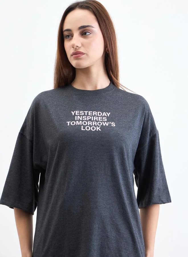 Charcoal Slogan Print Oversized T-Shirt