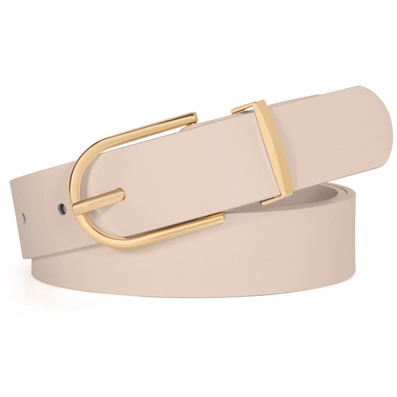 SANSTHS Women Faux Leather Chic Belts for Jeans Pants Dresses, Fashion Ladies Belt Solid Color with Gold Curved Pin Buckle Beige XS - Image 1