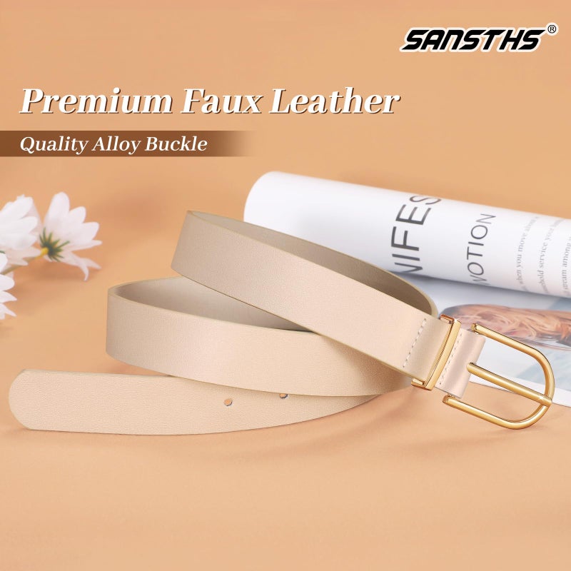 SANSTHS Women Faux Leather Chic Belts for Jeans Pants Dresses, Fashion Ladies Belt Solid Color with Gold Curved Pin Buckle Beige XS - Image 4