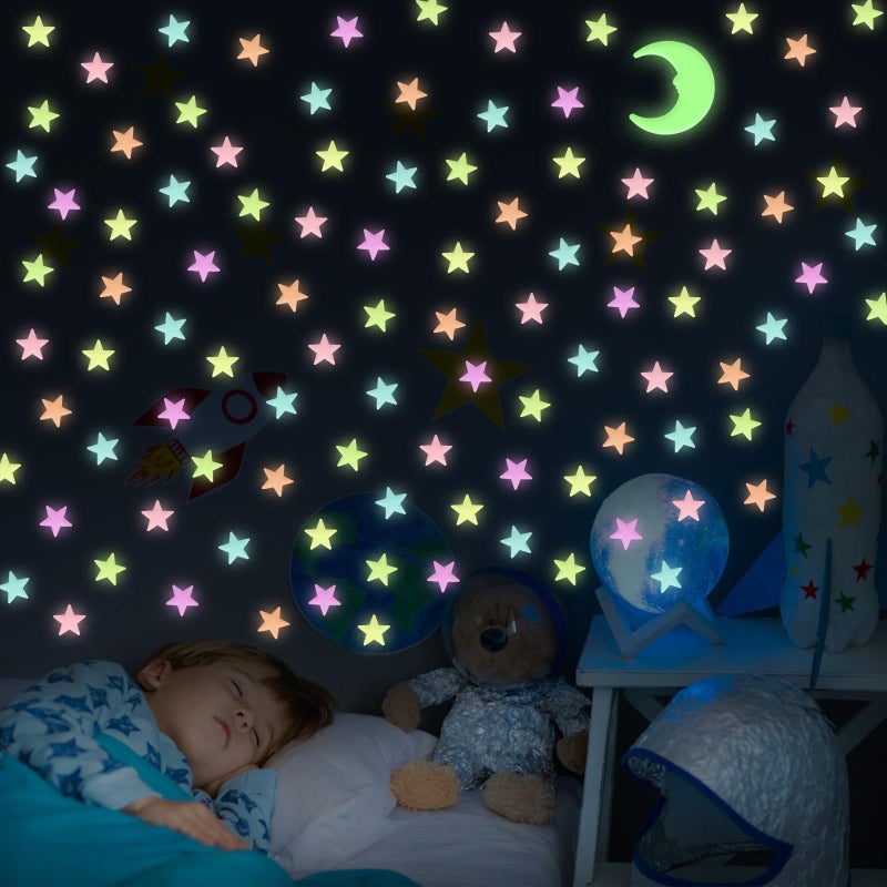 Glow in The Dark Stars and Moon for Ceiling 200 Pcs Colorful 3D Glowing Stars for Kids Room Decor Luminous Stickers Create a Realistic Starry Sky Ceiling Decor