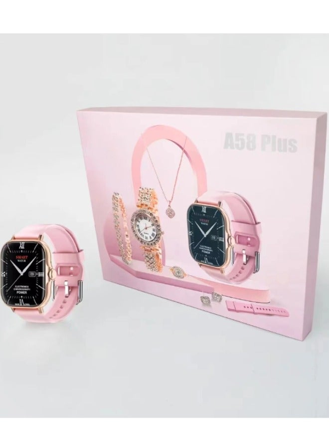 modio 5IN1 Smart Watch A58 Series Supports Bluetooth Call Ultra Long Endurance Sleep Monitoring + Additional Women's Diamond Set Small Gold Watch Necklace Ring Earrings Bracelet Set Gift Box - Image 2