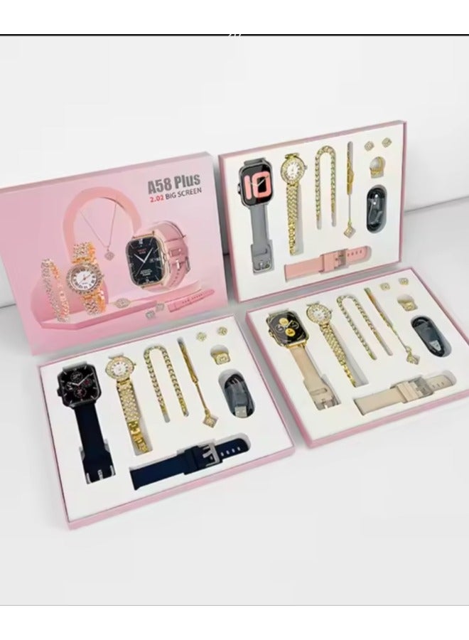 modio 5IN1 Smart Watch A58 Series Supports Bluetooth Call Ultra Long Endurance Sleep Monitoring + Additional Women's Diamond Set Small Gold Watch Necklace Ring Earrings Bracelet Set Gift Box - Image 3