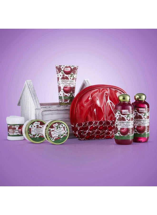 LOVERY House Warming Gifts New Home Spa Gift Basket, 8pc Bath & Body Set for Women, Exotic Pomegranate Scent, Shower Gel, Bubble Bath, Lotion, Bath Salt, Body Scrub, Towel, Cosmetic Bag, Housewarming Gift. - Image 2