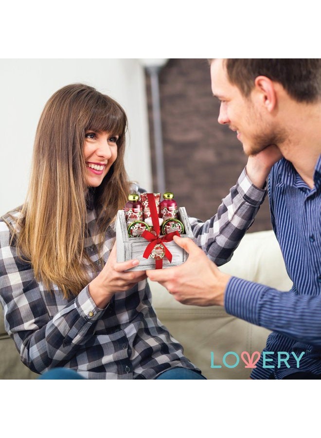 LOVERY House Warming Gifts New Home Spa Gift Basket, 8pc Bath & Body Set for Women, Exotic Pomegranate Scent, Shower Gel, Bubble Bath, Lotion, Bath Salt, Body Scrub, Towel, Cosmetic Bag, Housewarming Gift. - Image 4