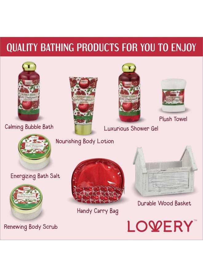 LOVERY House Warming Gifts New Home Spa Gift Basket, 8pc Bath & Body Set for Women, Exotic Pomegranate Scent, Shower Gel, Bubble Bath, Lotion, Bath Salt, Body Scrub, Towel, Cosmetic Bag, Housewarming Gift. - Image 5