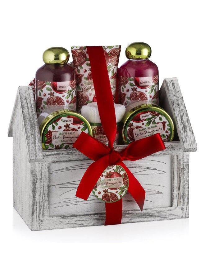 LOVERY House Warming Gifts New Home Spa Gift Basket, 8pc Bath & Body Set for Women, Exotic Pomegranate Scent, Shower Gel, Bubble Bath, Lotion, Bath Salt, Body Scrub, Towel, Cosmetic Bag, Housewarming Gift. - Image 1