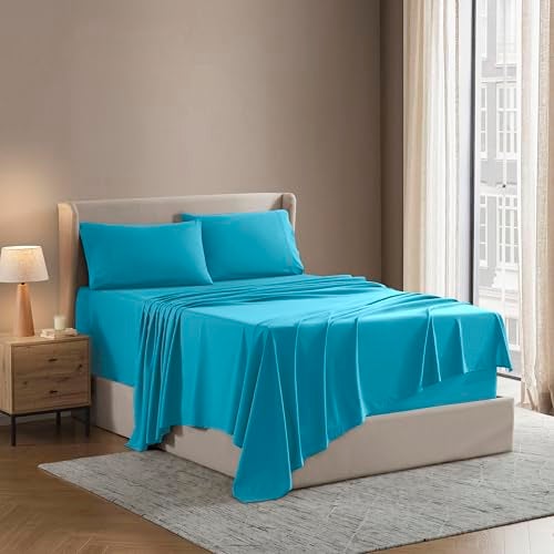 Nestl Short Queen Bed Sheet Set - Bright Blue - Instantly Soft Microfiber, No Break-in Wash - 4-Piece Deep Pocket Sheets & Pillowcases, Stays Put All Night - Image 1