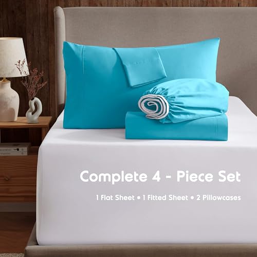 Nestl Short Queen Bed Sheet Set - Bright Blue - Instantly Soft Microfiber, No Break-in Wash - 4-Piece Deep Pocket Sheets & Pillowcases, Stays Put All Night - Image 2