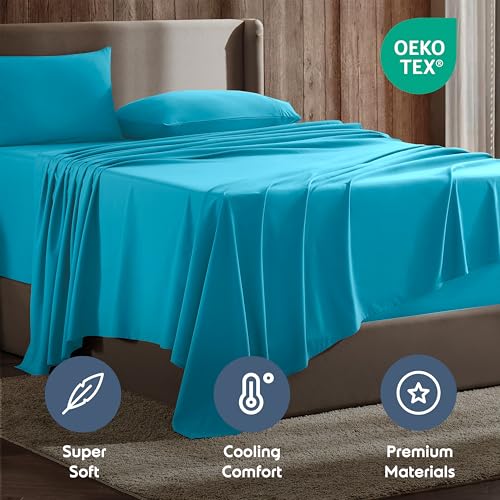 Nestl Short Queen Bed Sheet Set - Bright Blue - Instantly Soft Microfiber, No Break-in Wash - 4-Piece Deep Pocket Sheets & Pillowcases, Stays Put All Night - Image 5