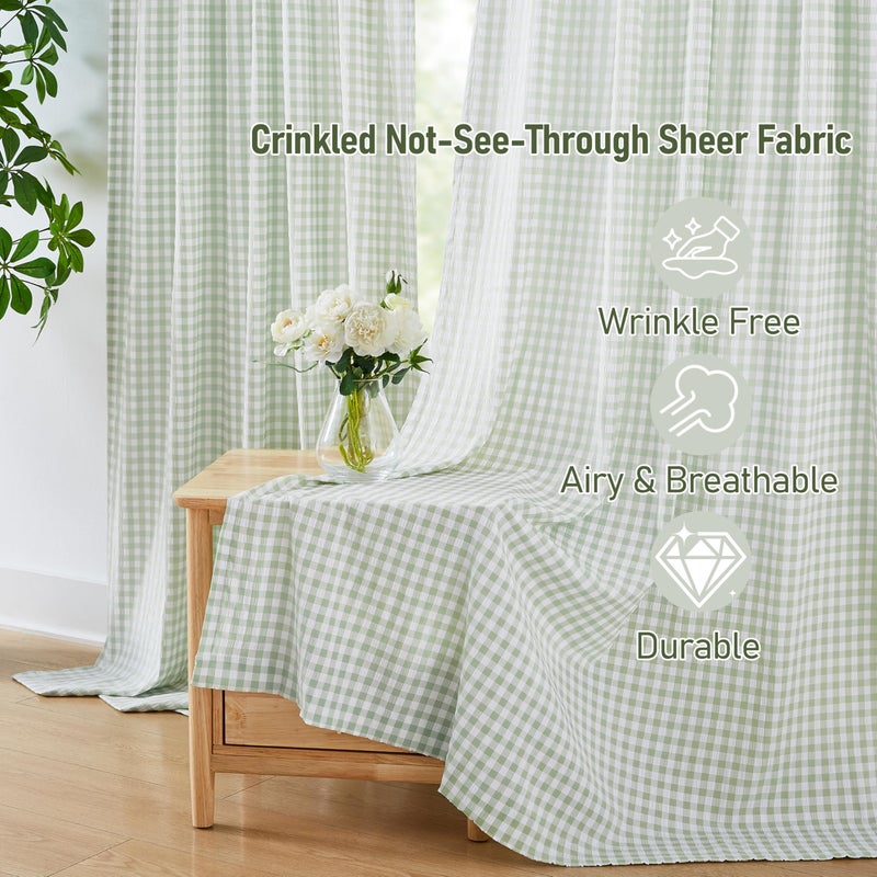 ZJDECOR Sage Green White Buffalo Plaid Valance for Kitchen Bathroom,Gingham Crinkled Not-See-Through Sheer Cafe Curtains,Farmhouse Window Treatment,Rod Pocket,52" Wx15 L(Pack of 1) - Image 5