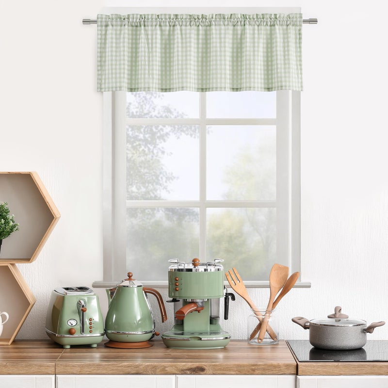 ZJDECOR Sage Green White Buffalo Plaid Valance for Kitchen Bathroom,Gingham Crinkled Not-See-Through Sheer Cafe Curtains,Farmhouse Window Treatment,Rod Pocket,52" Wx15 L(Pack of 1) - Image 1