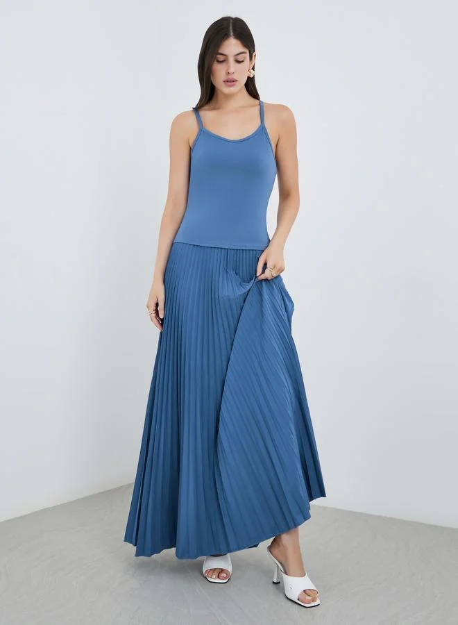 Styli Solid Pleated Detail Strappy A-Line Maxi Dress
