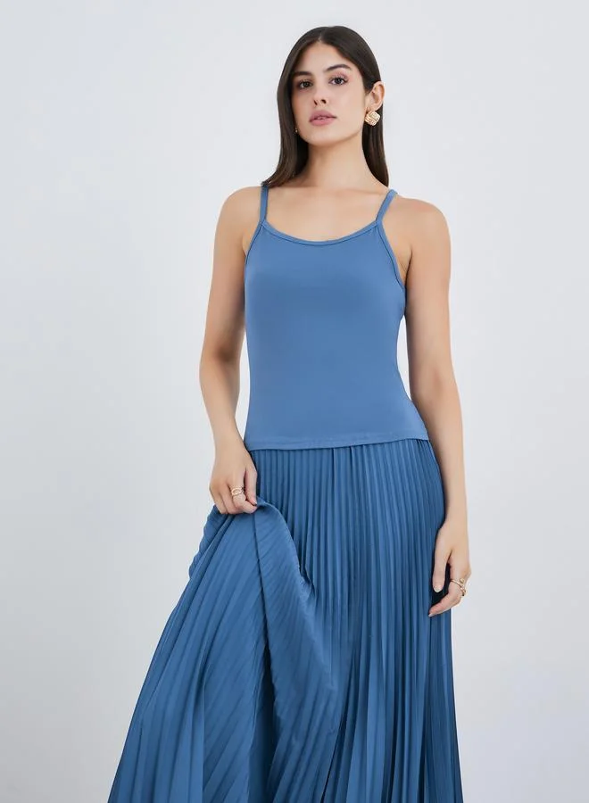 Styli Styli Solid Pleated Detail Strappy A-Line Maxi Dress