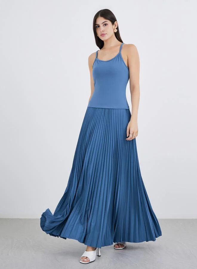Styli Styli Solid Pleated Detail Strappy A-Line Maxi Dress