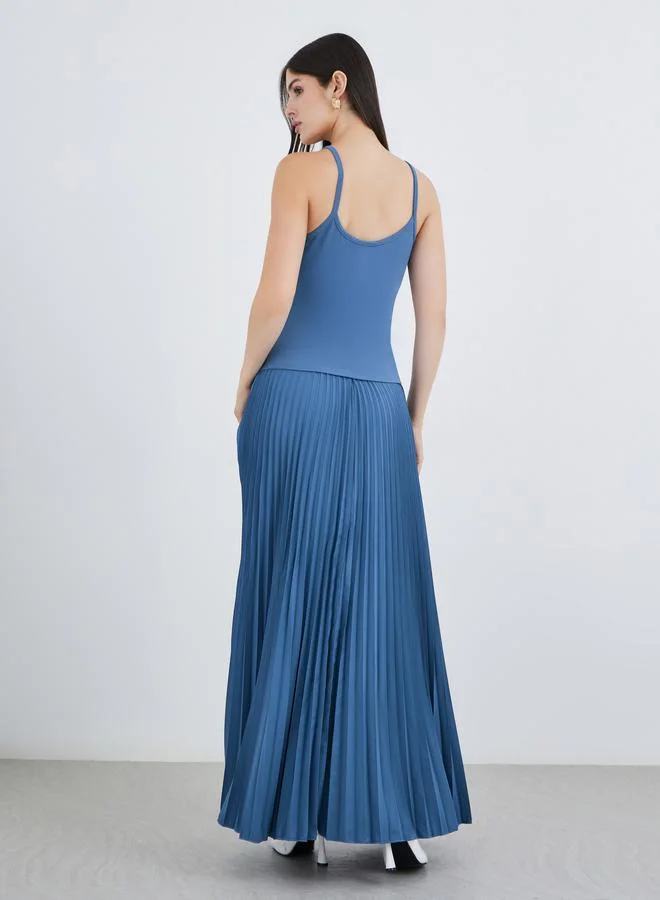 Styli Solid Pleated Detail Strappy A-Line Maxi Dress