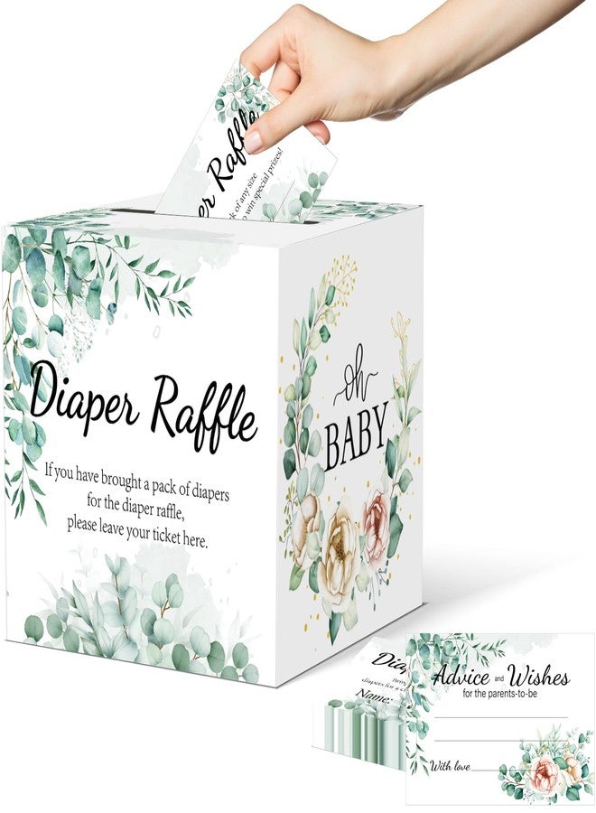 CINSOEN Baby Shower Games, Greenery Diaper Raffle Box, 50 PCS Diaper Raffle Tickets Card Box with Advice and Wishes for the Parents-to-be, Baby Shower Decorations, Diaper Raffle Sign - Image 1