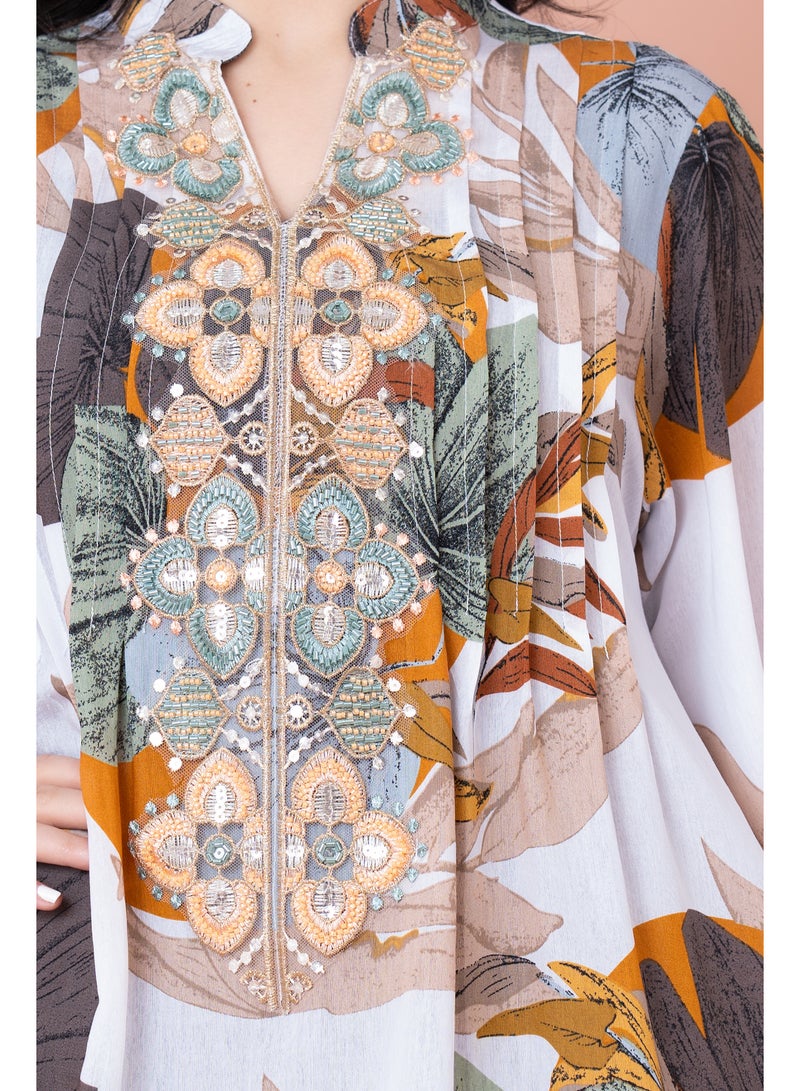 اكسا جلابية مطرزة نقوش براعم زهور - Image 4