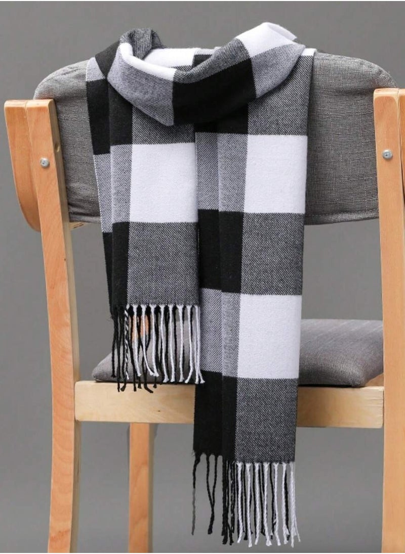 Generic Artificial Cashmere Scarf in White, Black, and Gray Plaid Design – Perfect for Spring and Autumn  - Image 1