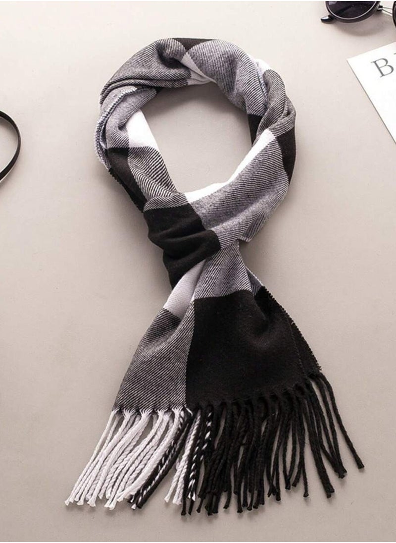 Generic Artificial Cashmere Scarf in White, Black, and Gray Plaid Design – Perfect for Spring and Autumn  - Image 3