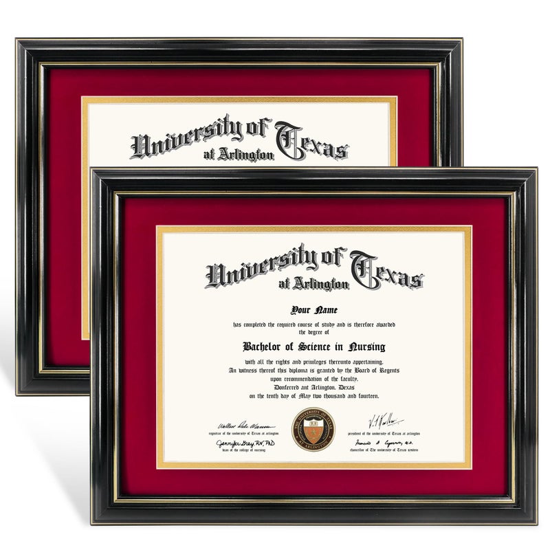 GraduationMall 85x11 Diploma Frame with Red over Gold Mat or Display 11x14 Certificate without MatSolid Wood  UV Protection AcrylicGlossy Black Finish with Gold Trim2 Pack