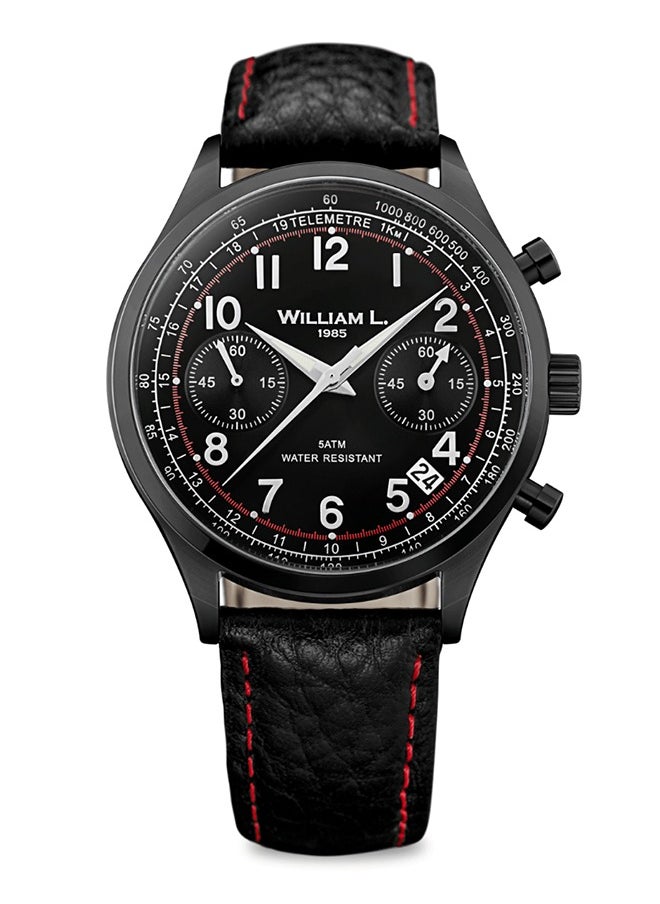 William L 1985 - William L. 1985 Men's Vintage Style Chronograph Black Ion Plating with Black Dial and Black Buffalo Strap and Red Stitching Watch - WLIB01NRBNSR - Image 1
