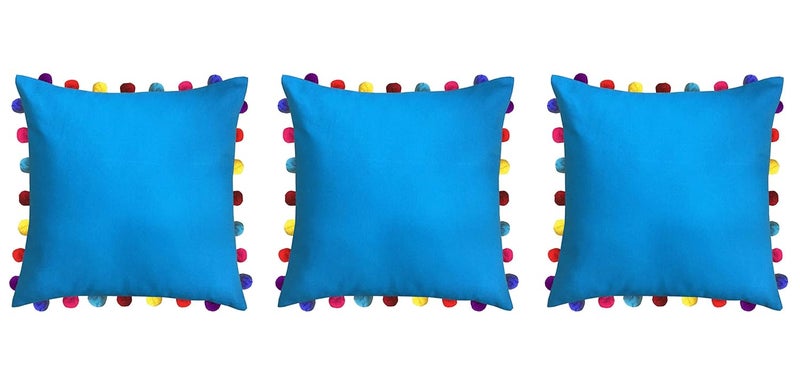 Lushomes Cushion Cover 20x20 Boho Cushion Covers Sofa Pillow Cover Cushion Covers with Tassels Cushion Cover with pom pom 20x20 Inches Set of 3 Blue - Image 1
