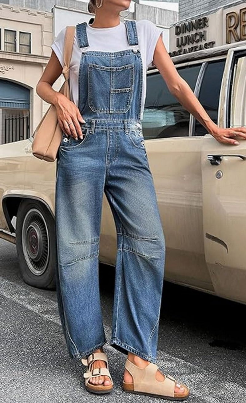 yoeasy Womens Denim Bib Overalls Barrel Wide Leg Baggy Adjustable Strap Denim Pants Jumpsuits with Pockets (XX-Large, Blue) - Image 4