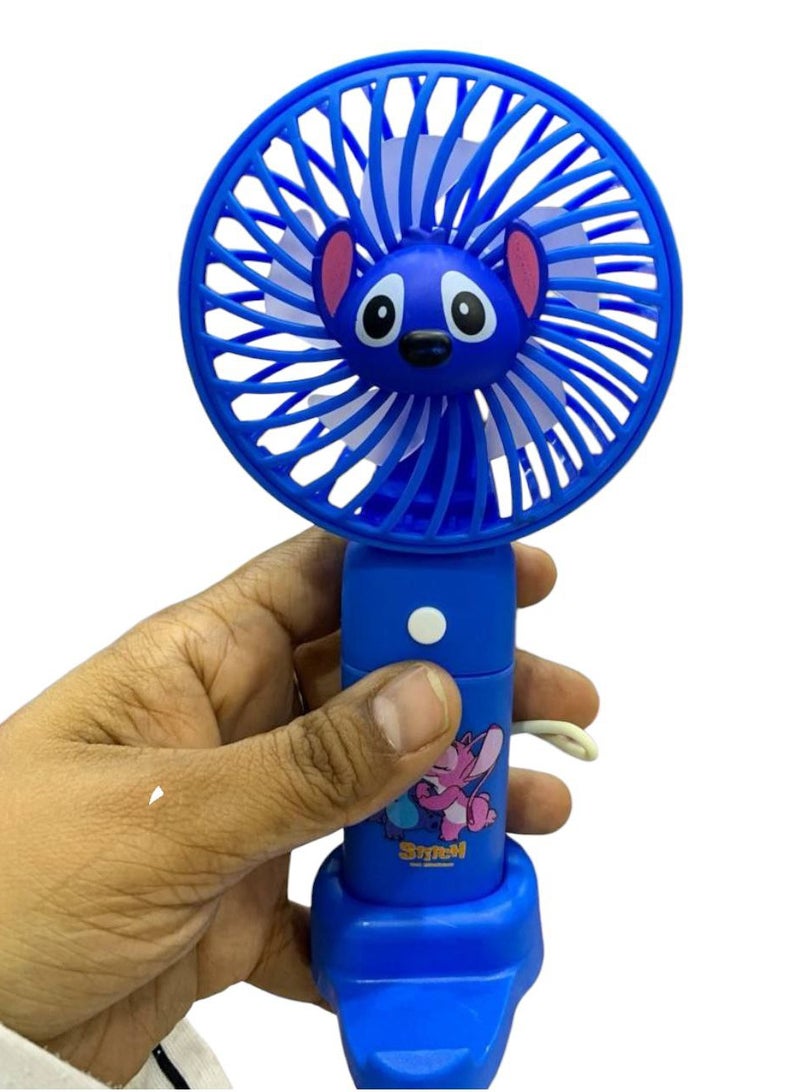 STITCH Mini fan handheld fan in the shape of a stitch, small in size and easy to carry by hand or put in the bag, equipped with a rechargeable battery with a USB port, an on/off button Blue