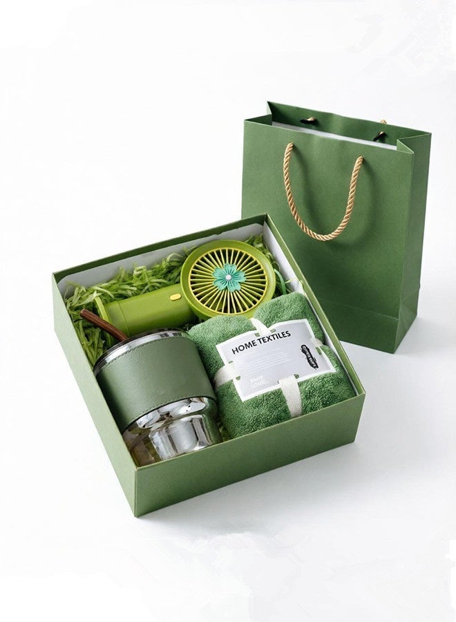 Saiboro Summer gift set 3 pieces:coffee glass water cup 380ml,towel,fan,practical gift set for summer cooling and heatstroke prevention, including a fan,mug,and towel - Image 1