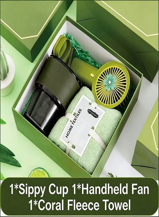 Saiboro Summer gift set 3 pieces:coffee glass water cup 380ml,towel,fan,practical gift set for summer cooling and heatstroke prevention, including a fan,mug,and towel - Image 2