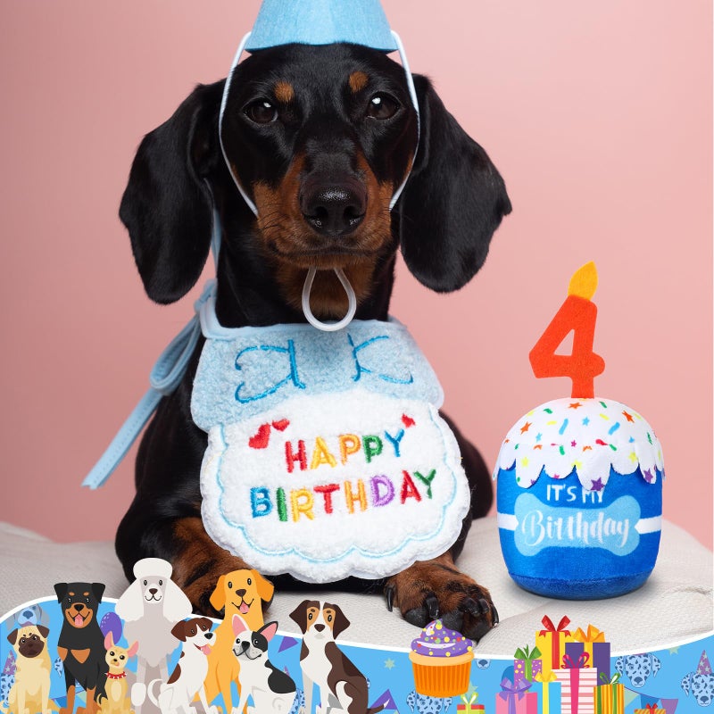 Dansydaisy Dog Birthday Cake Toy Accessories for Girl Boy Gifts, Squeaky Plush Toy for Dog Birthday Party Decor Favor for Large, Medium and Small Dogs(4th,Blue) - Image 5