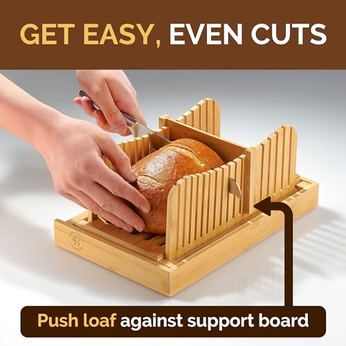 Bambüsi Bread Slicer for Homemade Bread - Adjustable Bamboo Bread Cutter with Knife, Foldable Slicing Guide & Crumb Tray - Bread Loaf Slicer for Sourdough, Cakes, Bagels, Loaves - Kitchen Gadgets Baking Gifts - Image 2
