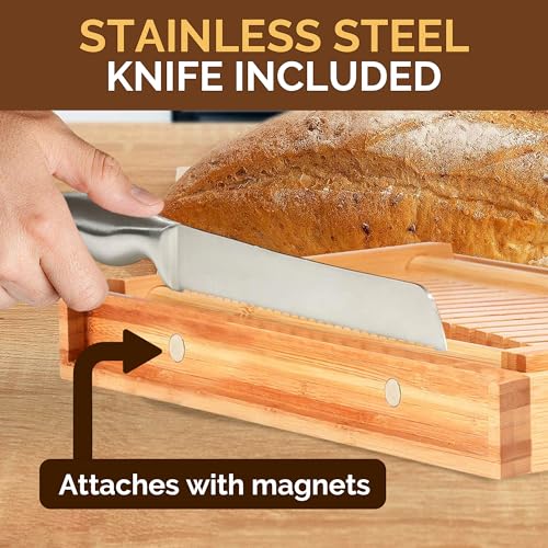Bambüsi Bread Slicer for Homemade Bread - Adjustable Bamboo Bread Cutter with Knife, Foldable Slicing Guide & Crumb Tray - Bread Loaf Slicer for Sourdough, Cakes, Bagels, Loaves - Kitchen Gadgets Baking Gifts - Image 4