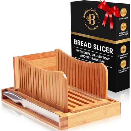 Bambüsi Bread Slicer for Homemade Bread - Adjustable Bamboo Bread Cutter with Knife, Foldable Slicing Guide & Crumb Tray - Bread Loaf Slicer for Sourdough, Cakes, Bagels, Loaves - Kitchen Gadgets Baking Gifts - Image 1