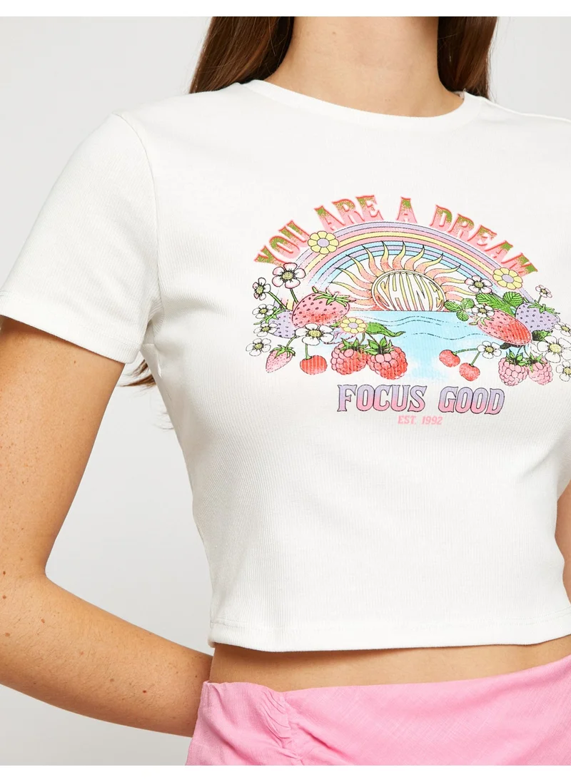 كوتون Crop T-Shirt Slogan Printed Short Sleeve Crew Neck