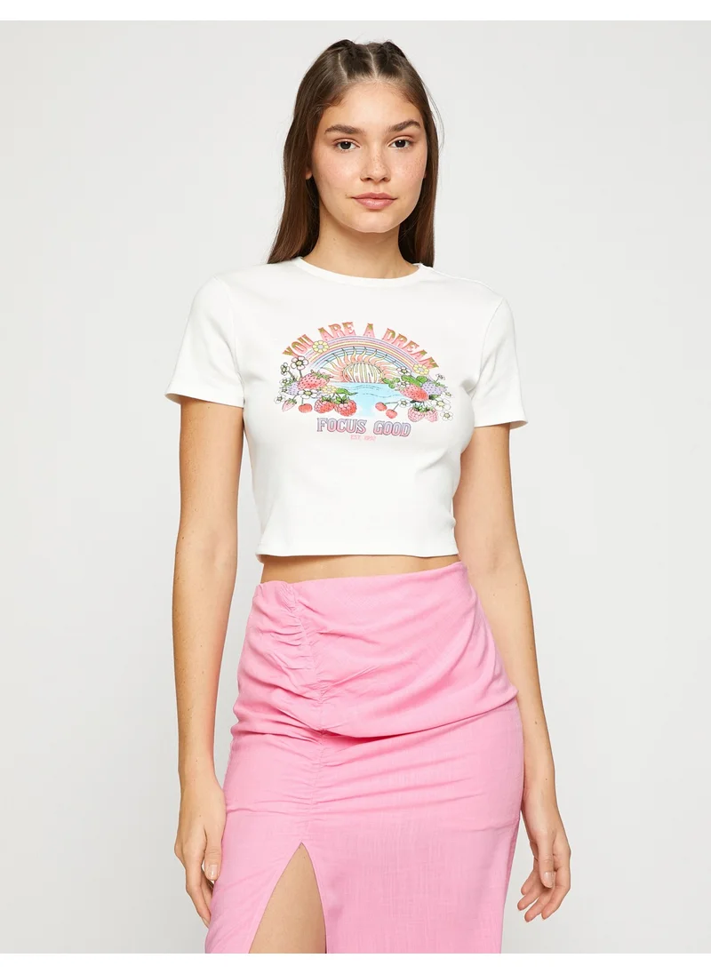 كوتون Crop T-Shirt Slogan Printed Short Sleeve Crew Neck