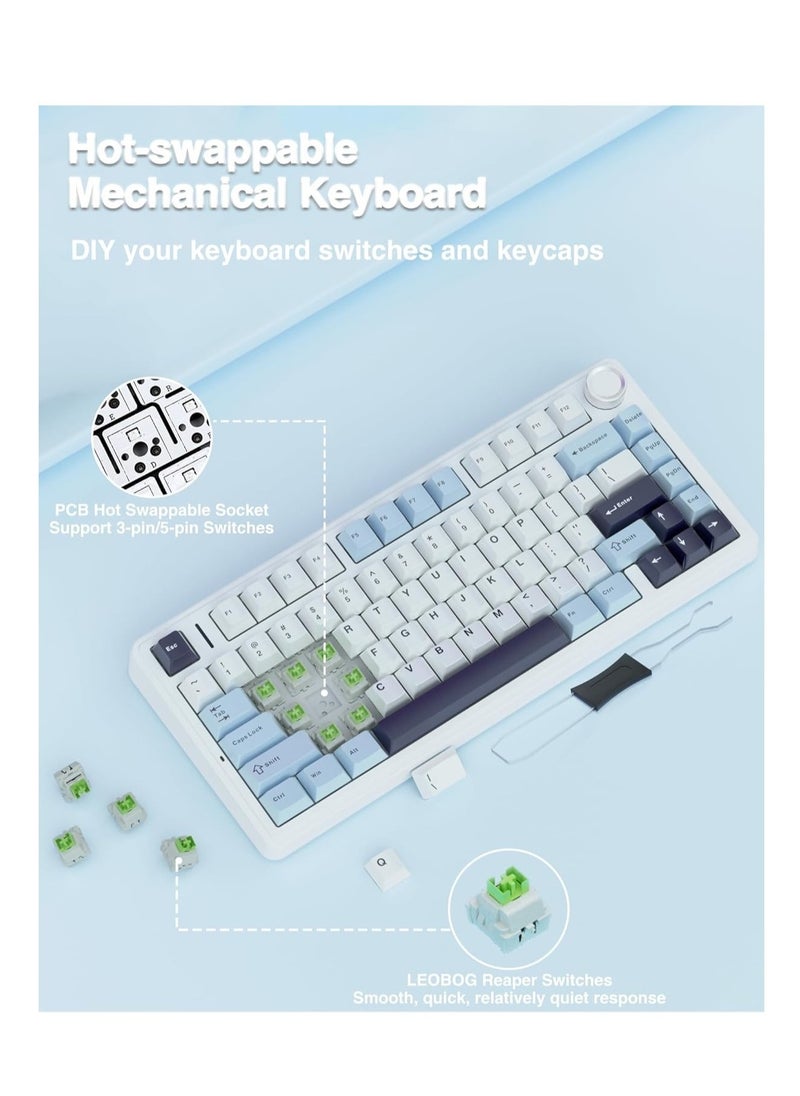 AULA F75 75% Wireless Mechanical Keyboard,Gasket Hot Swappable Custom Keyboard,Pre-lubed Reaper Switches RGB Backlit Gaming Keyboard,2.4GHz/Type-C/BT5.0 Mechanical Keyboard (Ice Vein switch White & Blue)